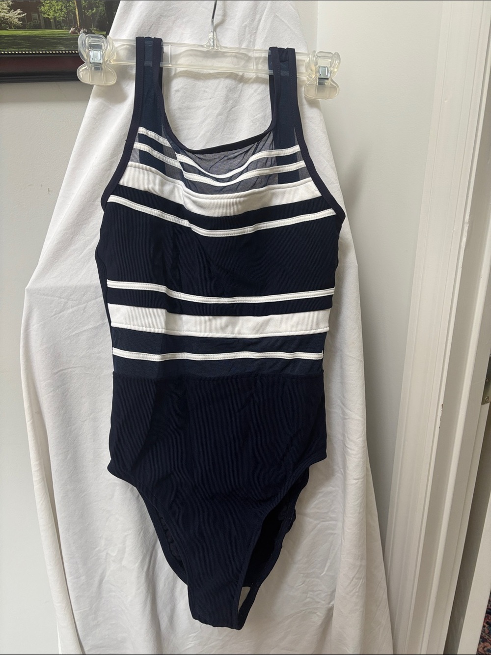 Navy and White Striped Women's Swim Bodysuit